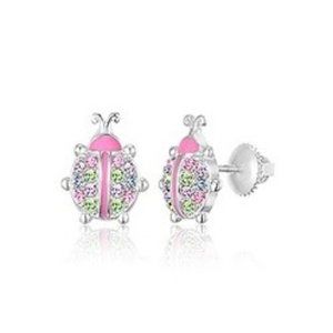 NWOT Ladybug earrings sterling silver with pink and green crystals